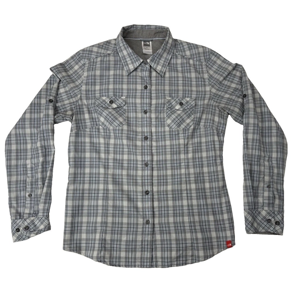 The North Face Button Up Shirt Womens Large Blue/Gray Plaid Shirt Outdoor Casual